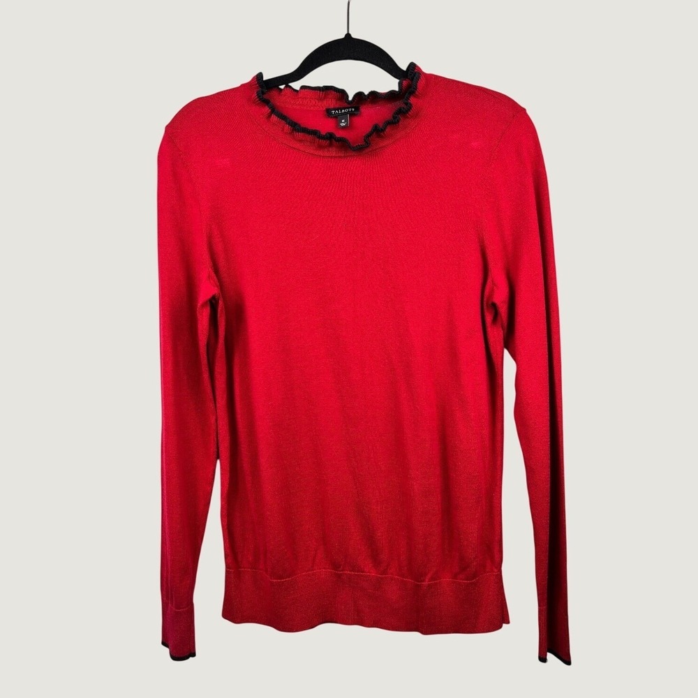 Talbots Sweater Women M Red Ruffle Neck Pullover Classic Preppy Tipped Trim